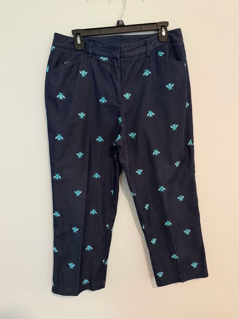 *EUC* Lilly Pulitzer Navy Cropped Pants W/ Teal Bee Embroidery VINTAGE 90’s